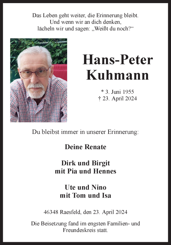 Traueranzeige von Hans-Peter Kuhmann von Ruhr Nachrichten und Dorstener Zeitung