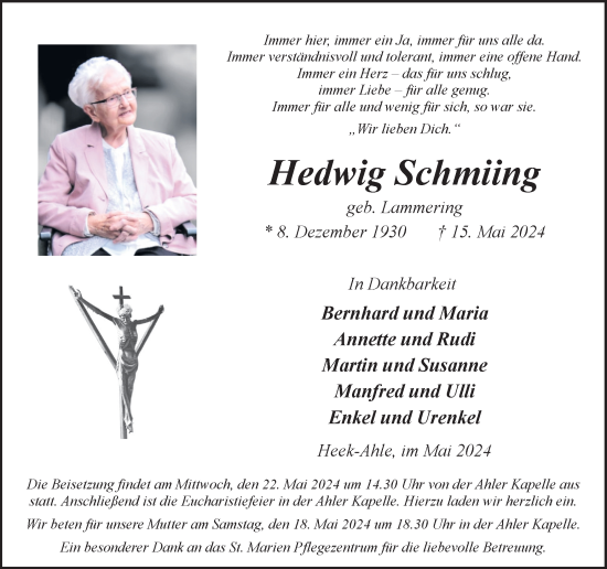 Traueranzeige von Hedwig Schmiing von Münsterland Zeitung
