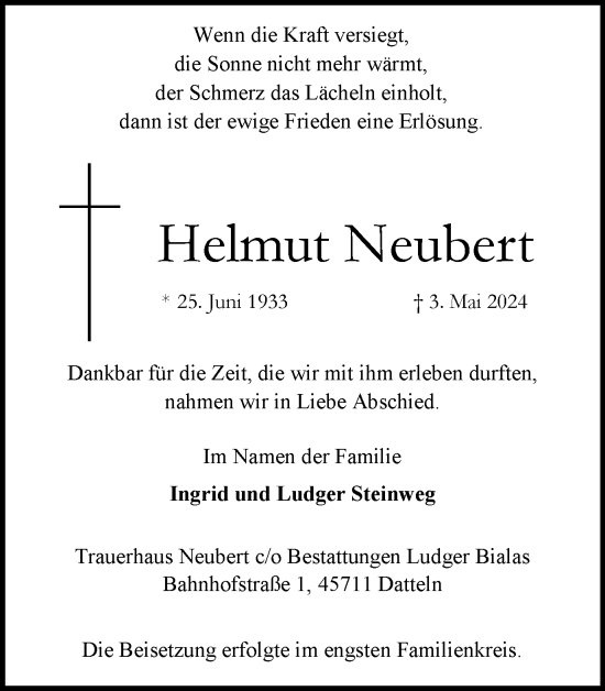 Traueranzeige von Helmut Neubert von Medienhaus Bauer