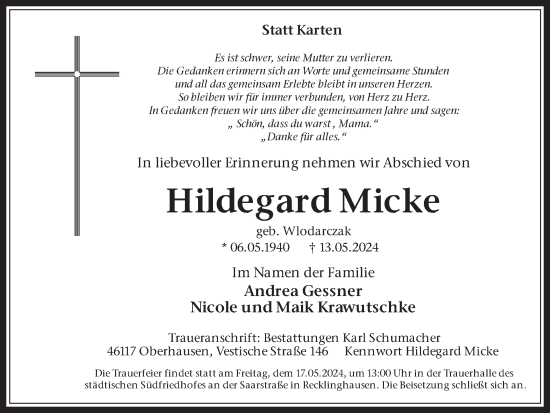 Traueranzeigen Von Hildegard Micke Sich Erinnern De