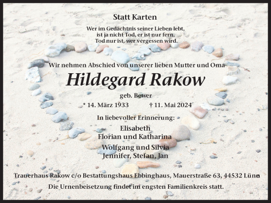 Traueranzeige von Hildegard Rakow 