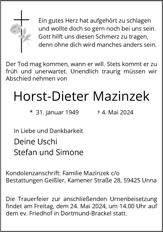 Traueranzeige von Horst-Dieter Mazinzek 
