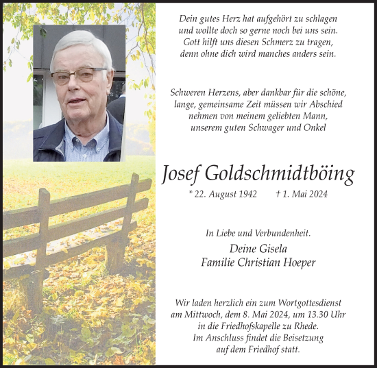 Traueranzeige von Josef Goldschmidtböing von Münsterland Zeitung