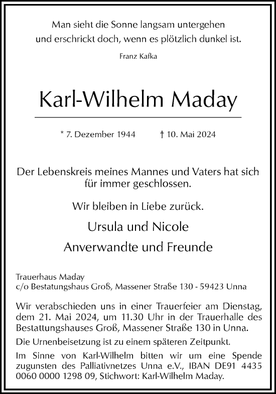 Traueranzeige von Karl-Wilhelm Maday von Hellweger Anzeiger