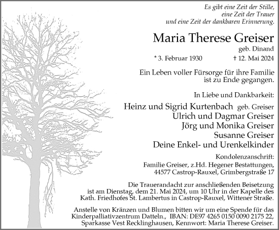 Traueranzeige von Maria Therese Greiser 