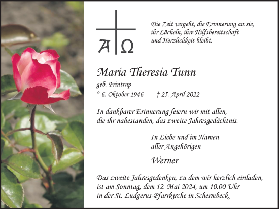 Traueranzeige von Maria Theresia Tunn von Ruhr Nachrichten und Dorstener Zeitung