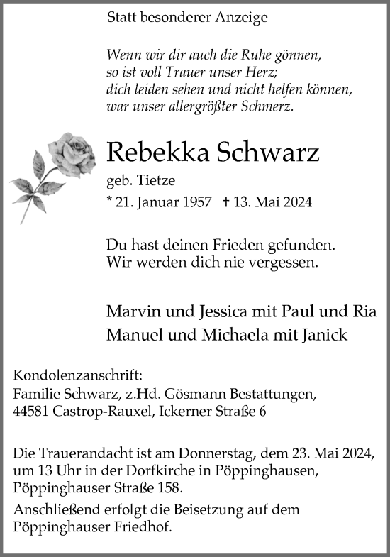 Traueranzeige von Rebekka Schwarz von Ruhr Nachrichten