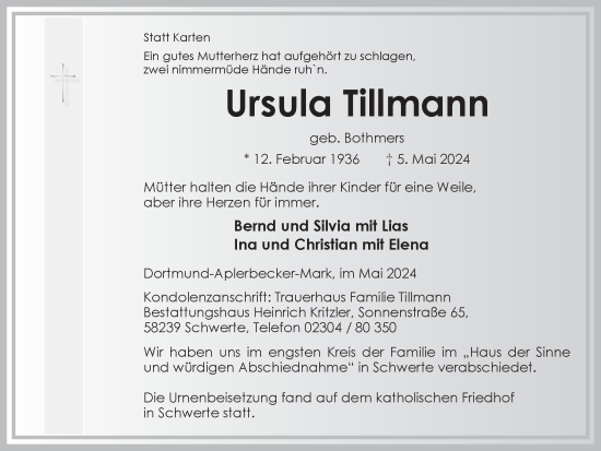 Traueranzeige von Ursula Tillmann von Ruhr Nachrichten