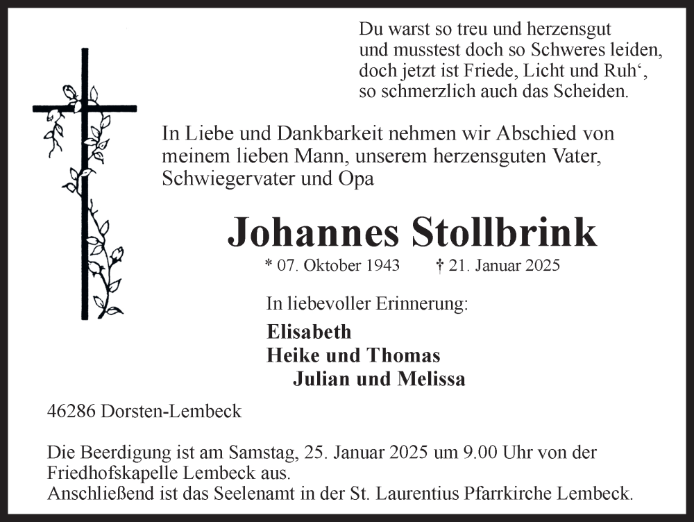 Traueranzeigen Von Johannes Stollbrink Sich Erinnern De