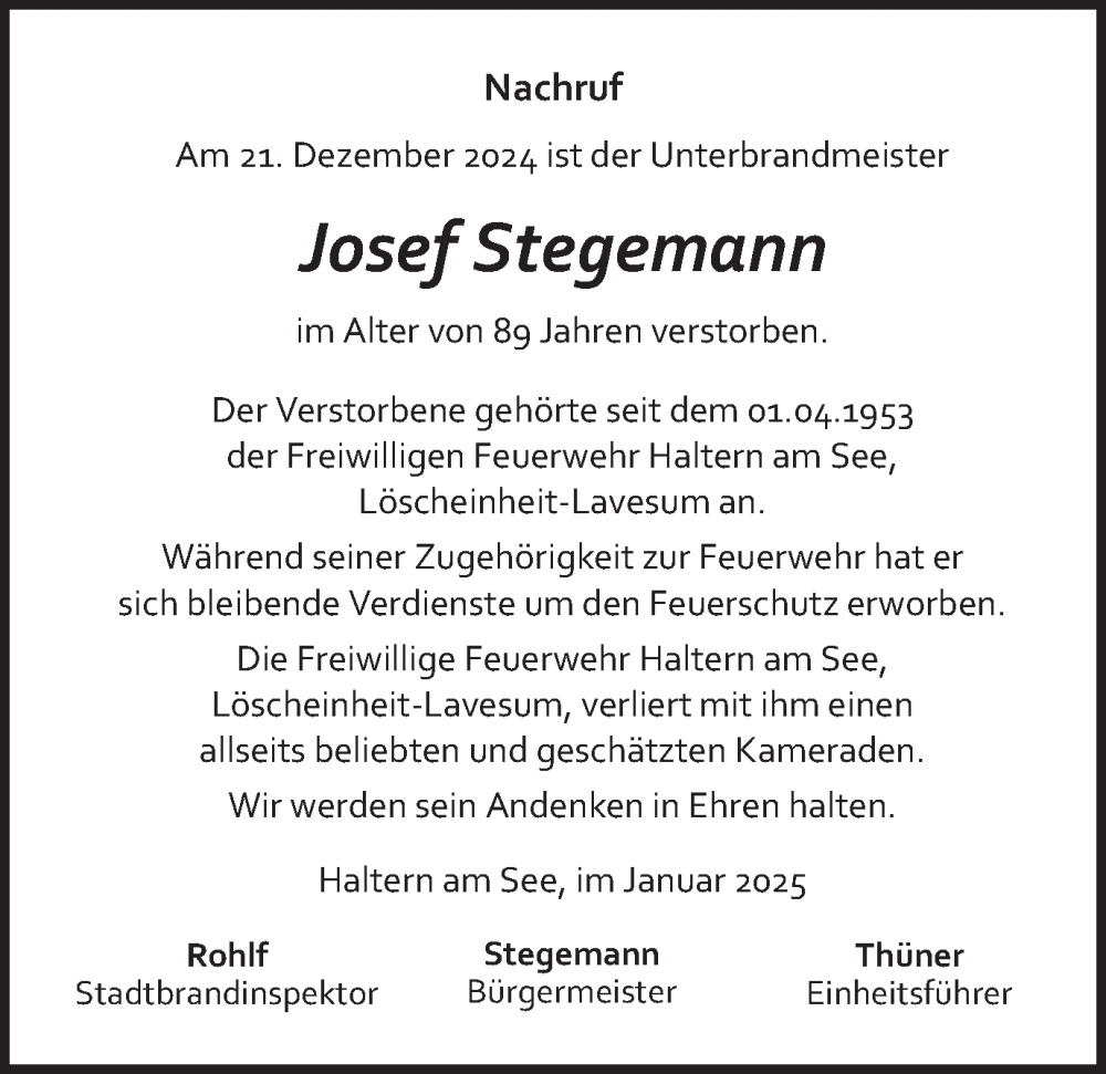 Traueranzeigen Von Josef Stegemann Sich Erinnern De