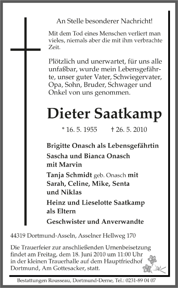  Traueranzeige für Dieter Saatkamp vom 16.06.2010 aus Ruhr Nachrichten (Ausgabe Dortmund)