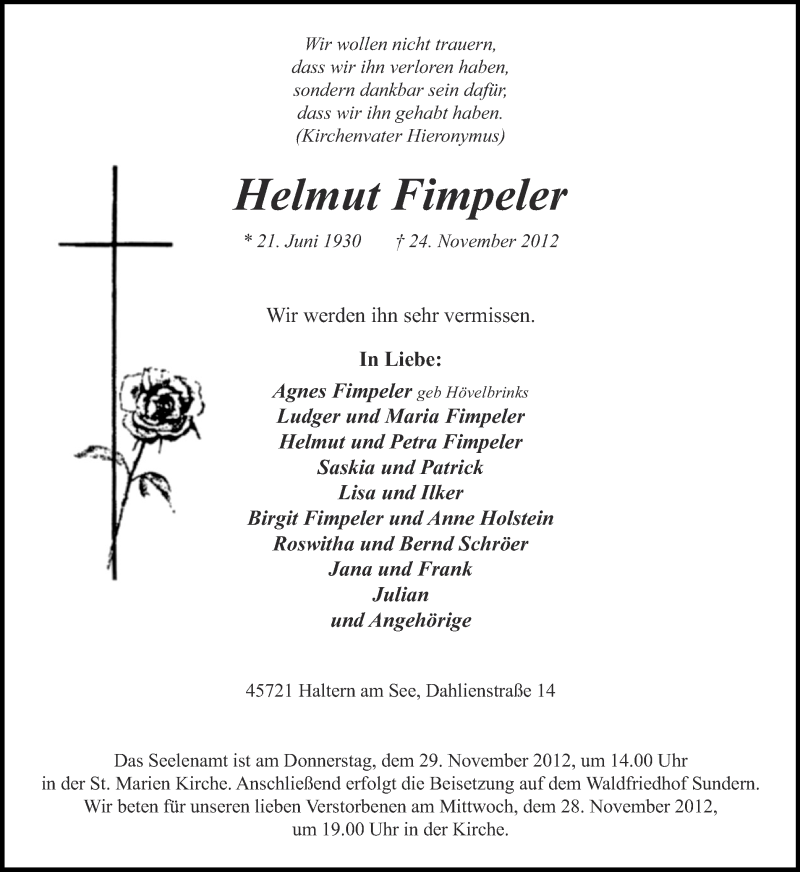  Traueranzeige für Helmut Fimpeler vom 27.11.2012 aus Ruhr Nachrichten und Halterner Zeitung