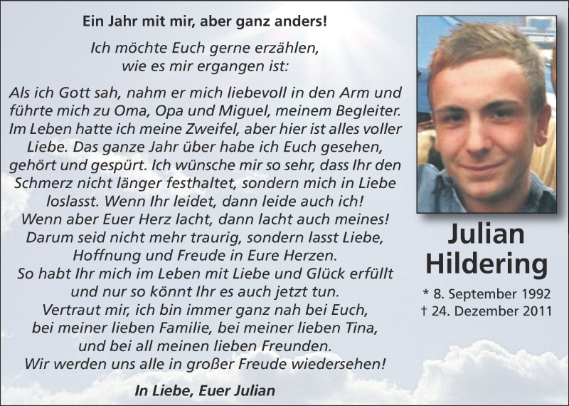  Traueranzeige für Julian Hildering vom 24.12.2012 aus Münstersche Zeitung und Münsterland Zeitung
