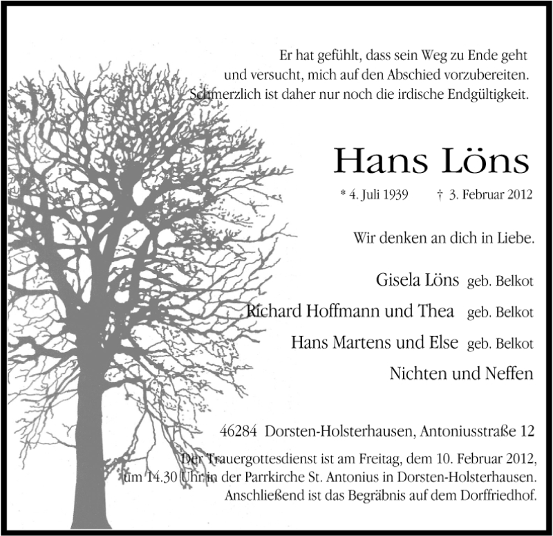  Traueranzeige für Hans Löns vom 07.02.2012 aus Ruhr Nachrichten