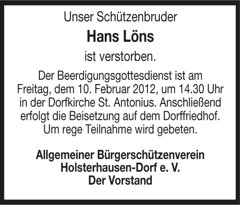  Traueranzeige für Hans Löns vom 08.02.2012 aus Ruhr Nachrichten