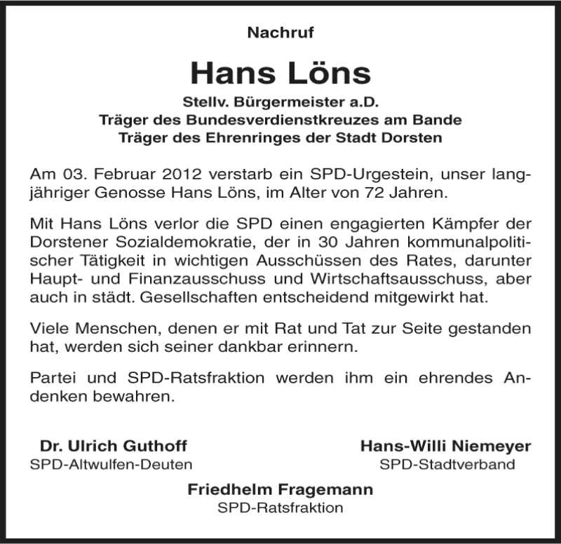  Traueranzeige für Hans Löns vom 09.02.2012 aus Ruhr Nachrichten