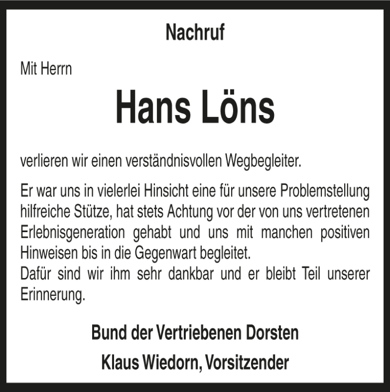  Traueranzeige für Hans Löns vom 14.02.2012 aus Ruhr Nachrichten