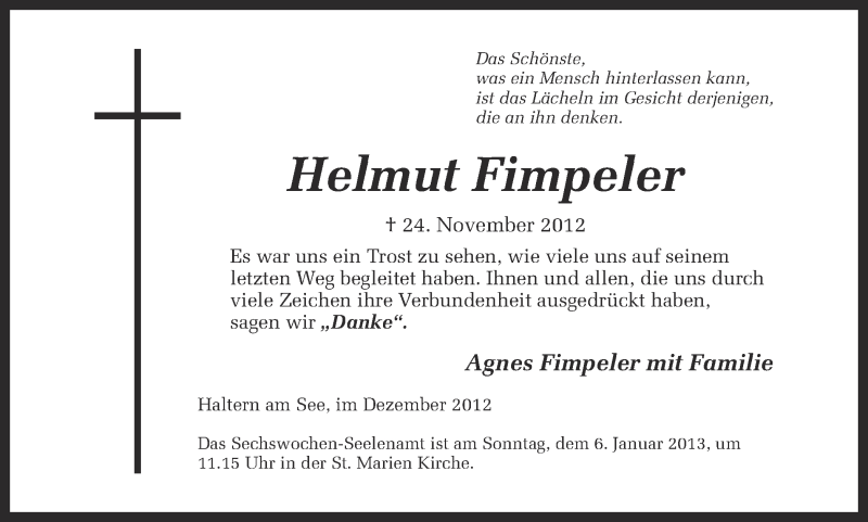  Traueranzeige für Helmut Fimpeler vom 02.01.2013 aus Ruhr Nachrichten und Halterner Zeitung