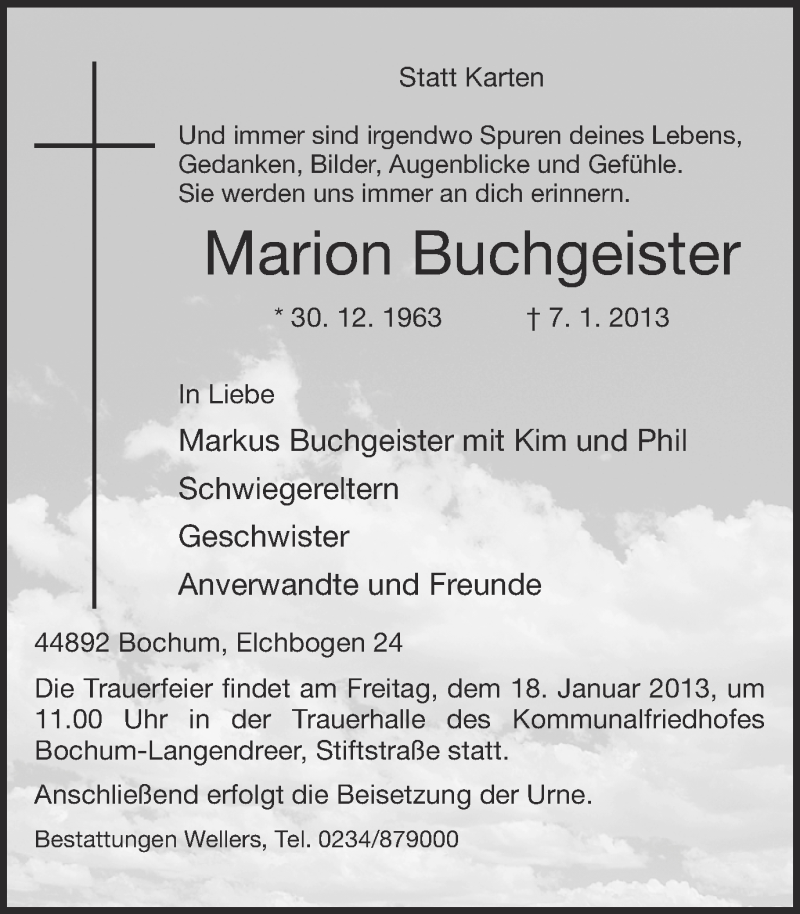  Traueranzeige für Marion Buchgeister vom 12.01.2013 aus Ruhr Nachrichten
