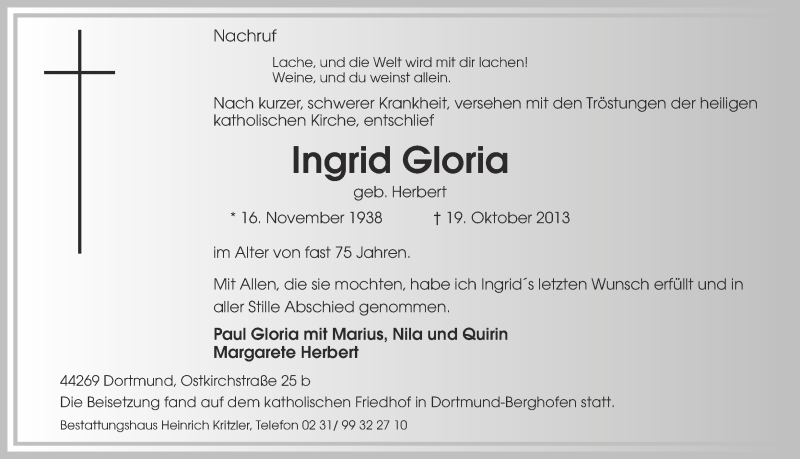  Traueranzeige für Ingrid Gloria vom 25.10.2013 aus Ruhr Nachrichten