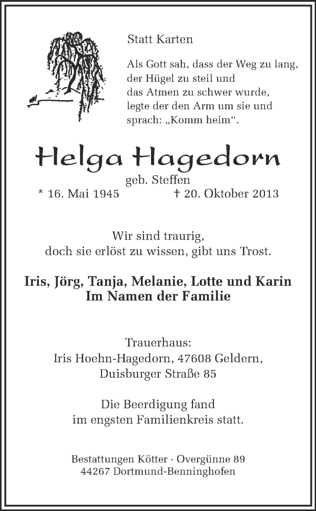 Traueranzeigen Von Helga Hagedorn Sich Erinnern De