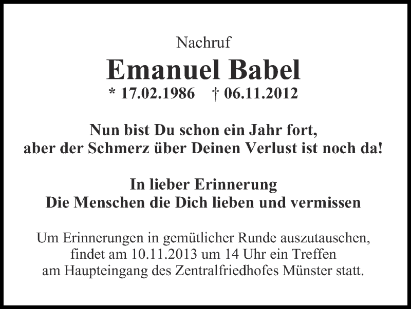  Traueranzeige für Emanuel Babel vom 06.11.2013 aus Münstersche Zeitung und Grevener Zeitung