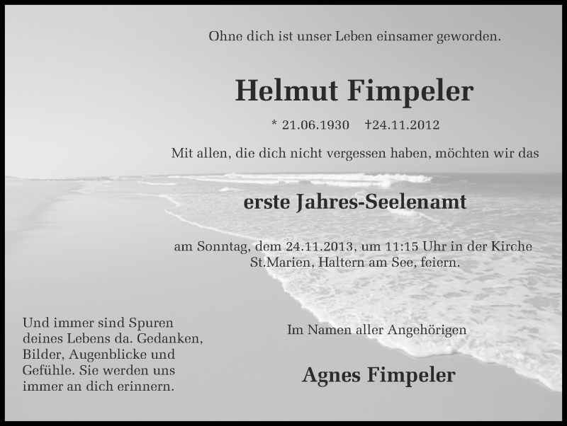  Traueranzeige für Helmut Fimpeler vom 20.11.2013 aus Ruhr Nachrichten und Halterner Zeitung