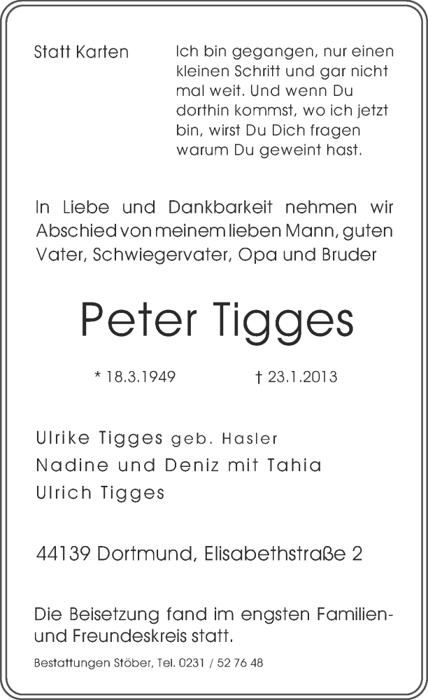  Traueranzeige für Peter Tigges vom 09.02.2013 aus Ruhr Nachrichten