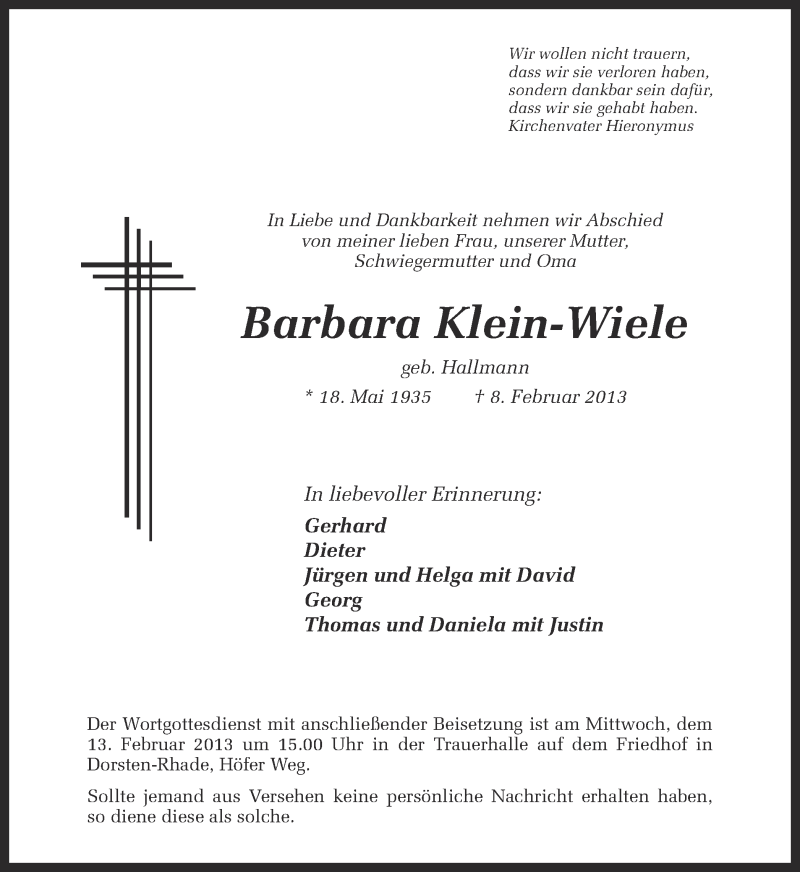  Traueranzeige für Barbara Klein-Wiele vom 11.02.2013 aus Ruhr Nachrichten und Dorstener Zeitung
