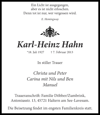 Traueranzeigen Von Karl Heinz Hahn Sich Erinnern De