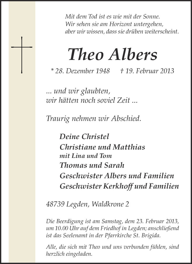  Traueranzeige für Theo Albers vom 21.02.2013 aus Münstersche Zeitung und Münsterland Zeitung