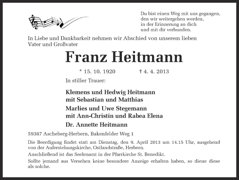  Traueranzeige für Franz Heitmann vom 06.04.2013 aus Ruhr Nachrichten
