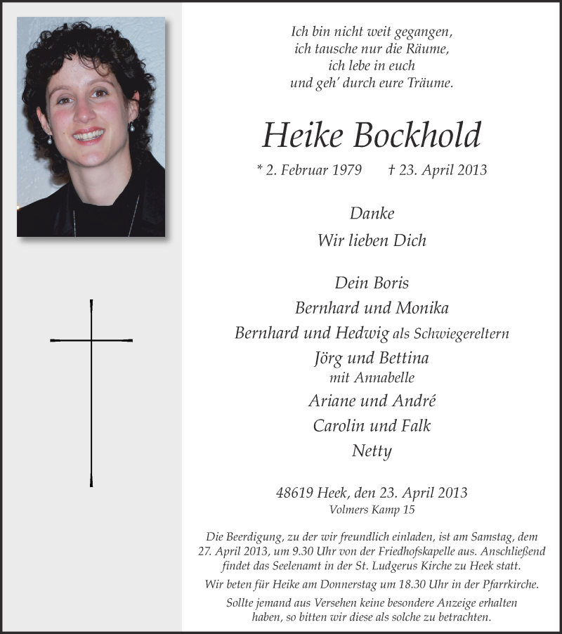  Traueranzeige für Heike Bockhold vom 25.04.2013 aus Münstersche Zeitung und Münsterland Zeitung