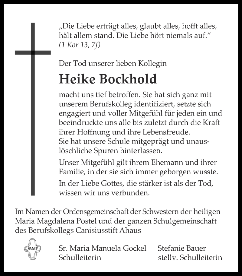  Traueranzeige für Heike Bockhold vom 27.04.2013 aus Münstersche Zeitung und Münsterland Zeitung