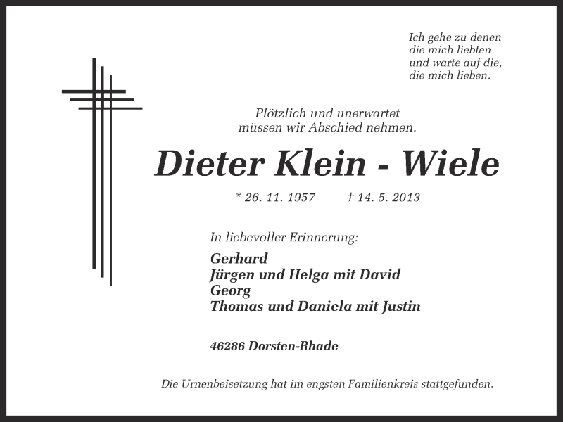  Traueranzeige für Dieter Klein-Wiele vom 21.05.2013 aus Ruhr Nachrichten und Dorstener Zeitung