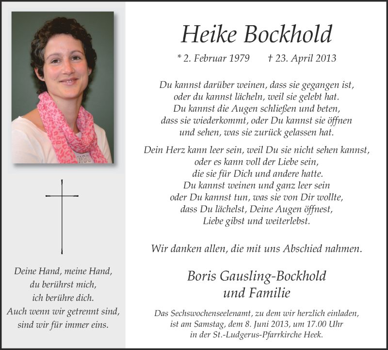  Traueranzeige für Heike Bockhold vom 05.06.2013 aus Münstersche Zeitung und Münsterland Zeitung