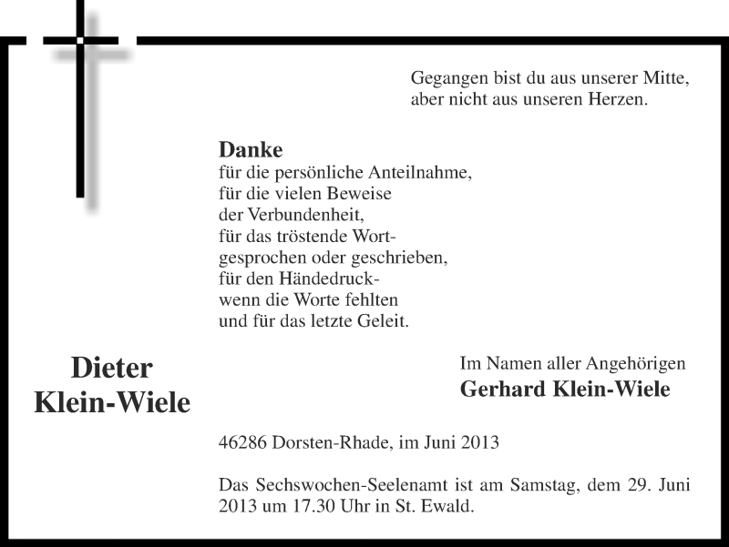  Traueranzeige für Dieter Klein-Wiele vom 26.06.2013 aus Ruhr Nachrichten und Dorstener Zeitung