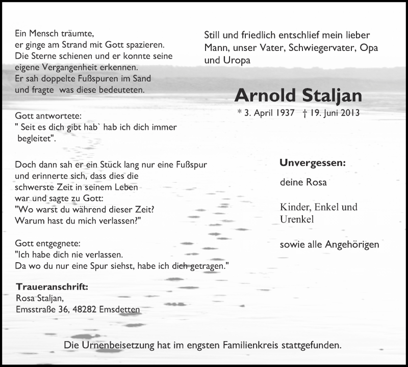  Traueranzeige für Arnold Staljan vom 06.07.2013 aus 