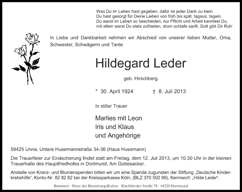 Traueranzeigen Von Hildegard Leder Sich Erinnern De