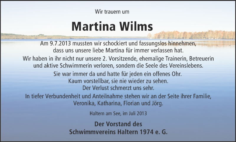  Traueranzeige für Martina Wilms vom 15.07.2013 aus Ruhr Nachrichten und Halterner Zeitung