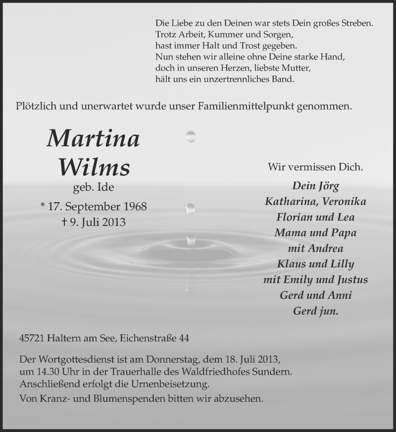  Traueranzeige für Martina Wilms vom 13.07.2013 aus Ruhr Nachrichten und Halterner Zeitung