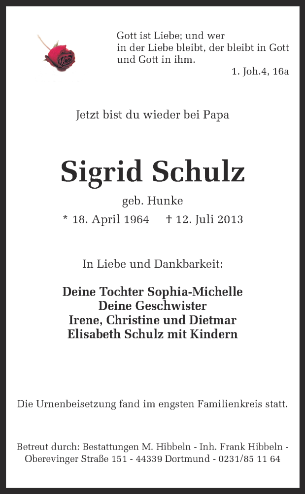  Traueranzeige für Sigrid Schulz vom 18.07.2013 aus Ruhr Nachrichten