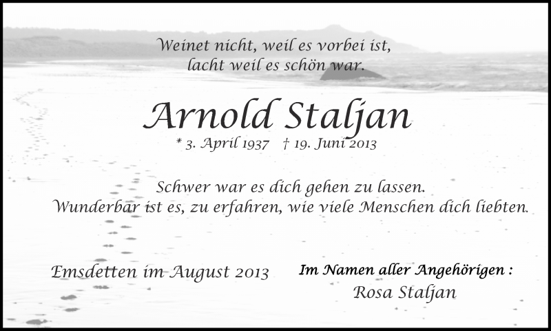  Traueranzeige für Arnold Staljan vom 03.08.2013 aus 