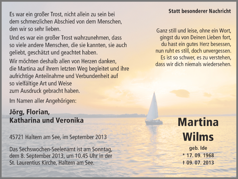  Traueranzeige für Martina Wilms vom 03.09.2013 aus Ruhr Nachrichten und Halterner Zeitung