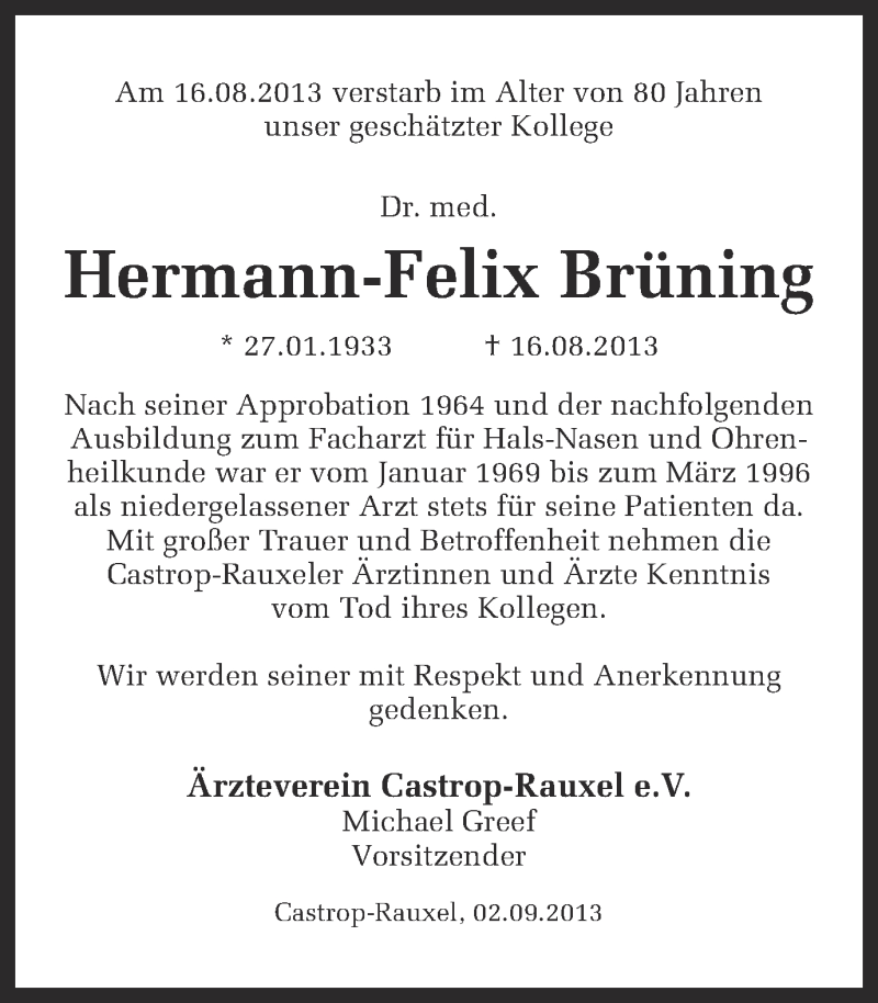 Traueranzeigen Von Hermann Felix Br Ning Sich Erinnern De