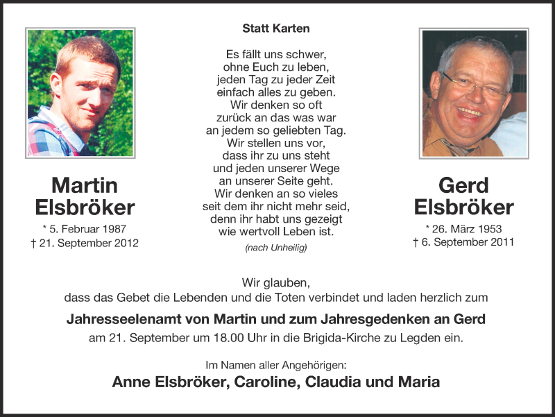  Traueranzeige für Martin und Gerd Elsbröker vom 19.09.2013 aus Münstersche Zeitung und Münsterland Zeitung