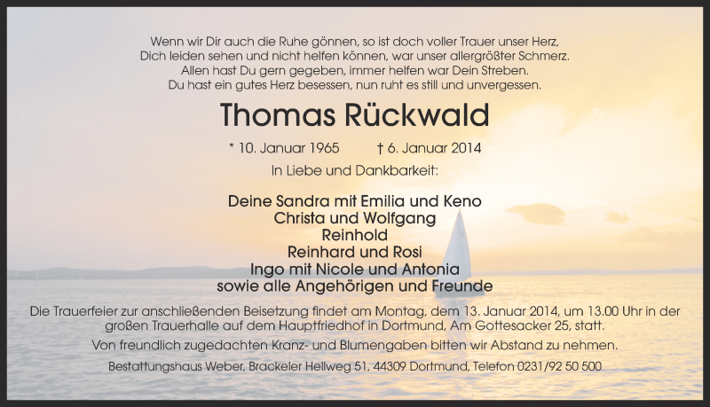  Traueranzeige für Thomas Rückwald vom 11.01.2014 aus Ruhr Nachrichten