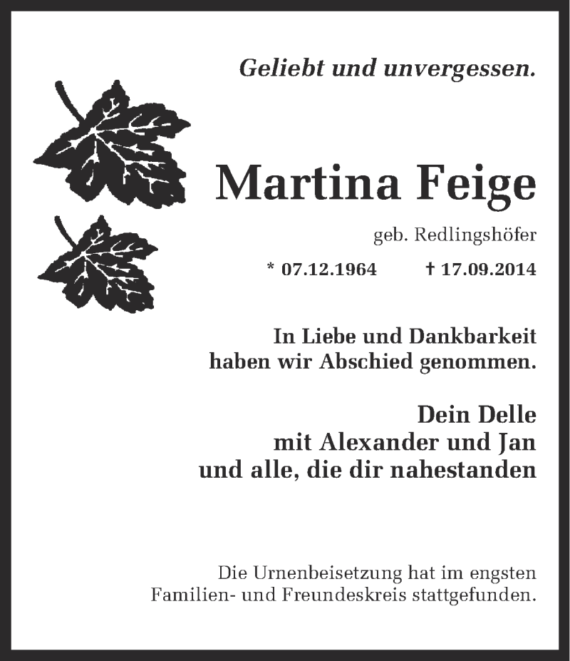  Traueranzeige für Martina Feige vom 07.10.2014 aus Ruhr Nachrichten