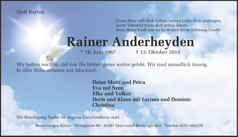  Traueranzeige für Rainer Anderheyden vom 18.10.2014 aus Ruhr Nachrichten