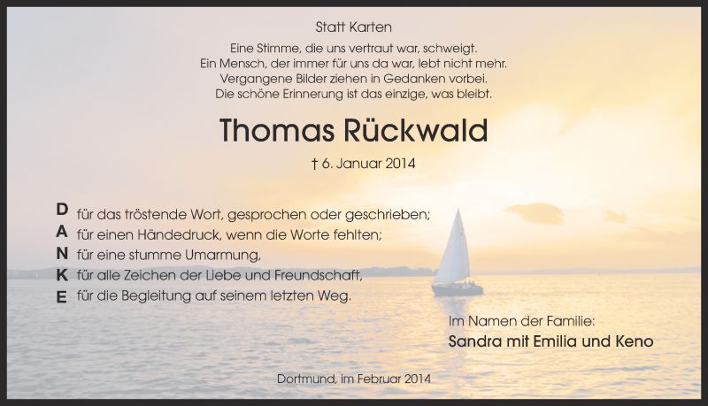  Traueranzeige für Thomas Rückwald vom 08.02.2014 aus Ruhr Nachrichten
